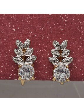 14K HGE Gold Plated Cubic ZirconiaPost Earrings Floral Leaf by Lind Vintage